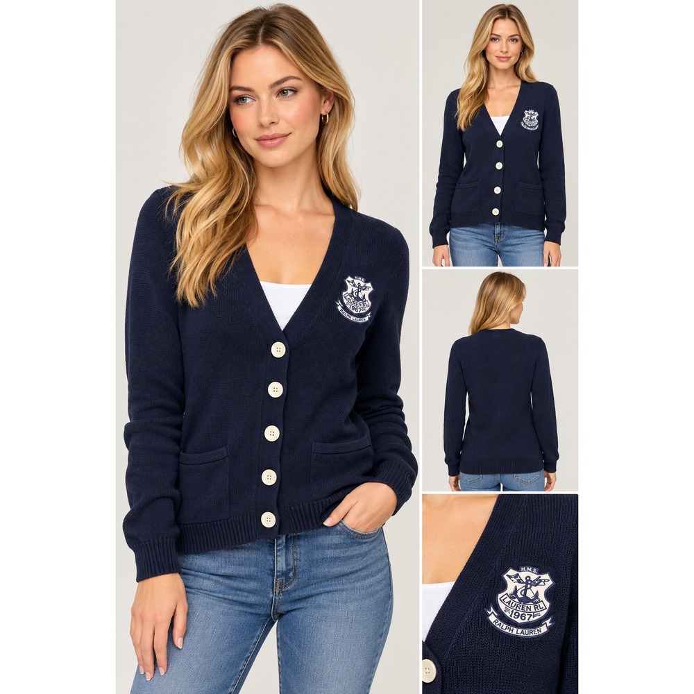 Lauren Ralph Lauren Navy Crest Cardigan Cotton Knit Preppy Nautical Ivy Maritime